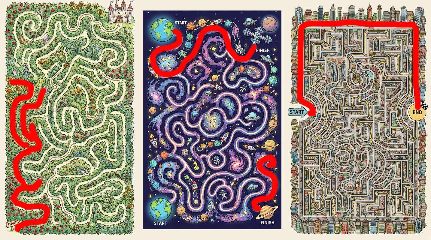 Broken nano banana maze solutions highlighted